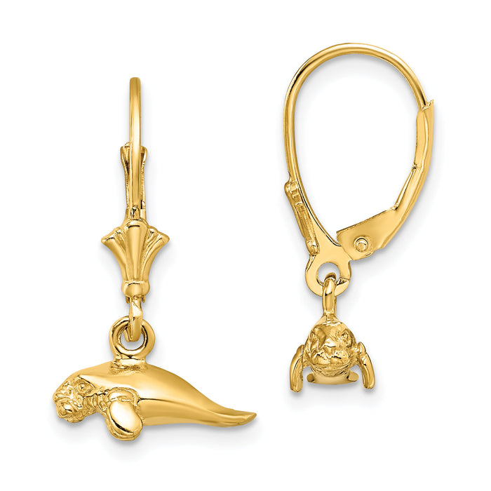 14K 3-D Polished Mini Manatee Leverback Earrings-TF1783