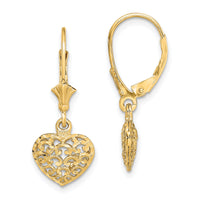 14k Diamond-cut Mini Puffed Heart Leverback Earrings-TF1784