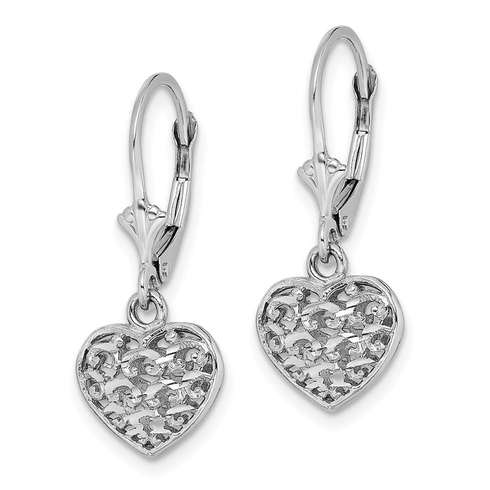 14K White Gold 3-D Mini D/C Puffed Heart Leverback Earrings-TF1784W