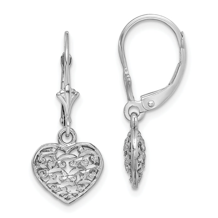 14K White Gold 3-D Mini D/C Puffed Heart Leverback Earrings-TF1784W