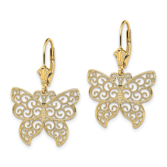 14K Butterfly w/ Beaded Filigree Wings Leverback Earrings-TF1787