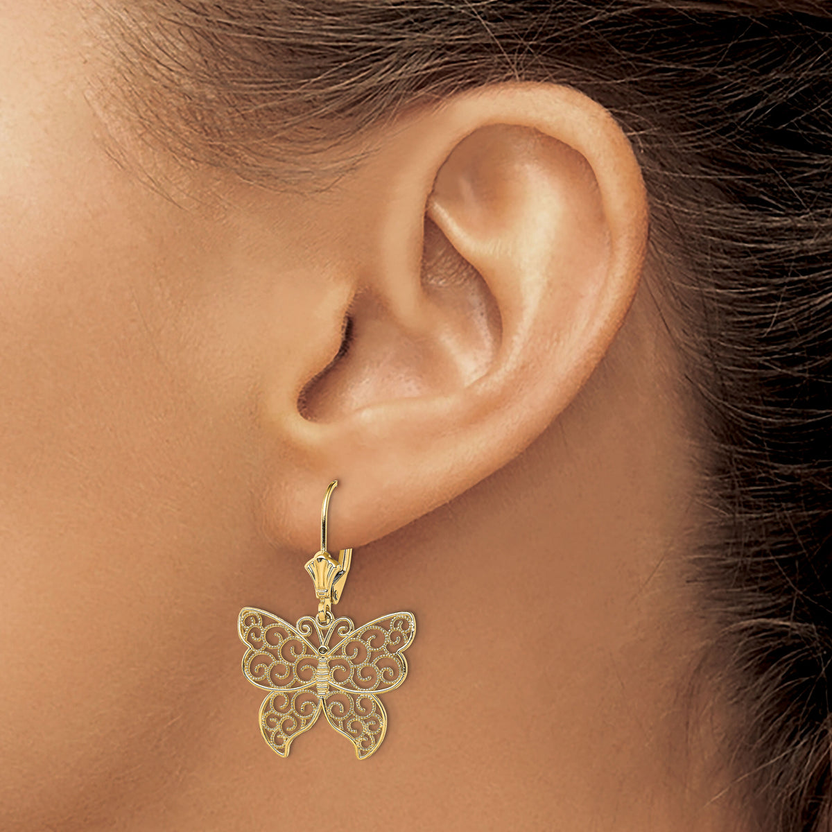 14K Butterfly w/ Beaded Filigree Wings Leverback Earrings-TF1787