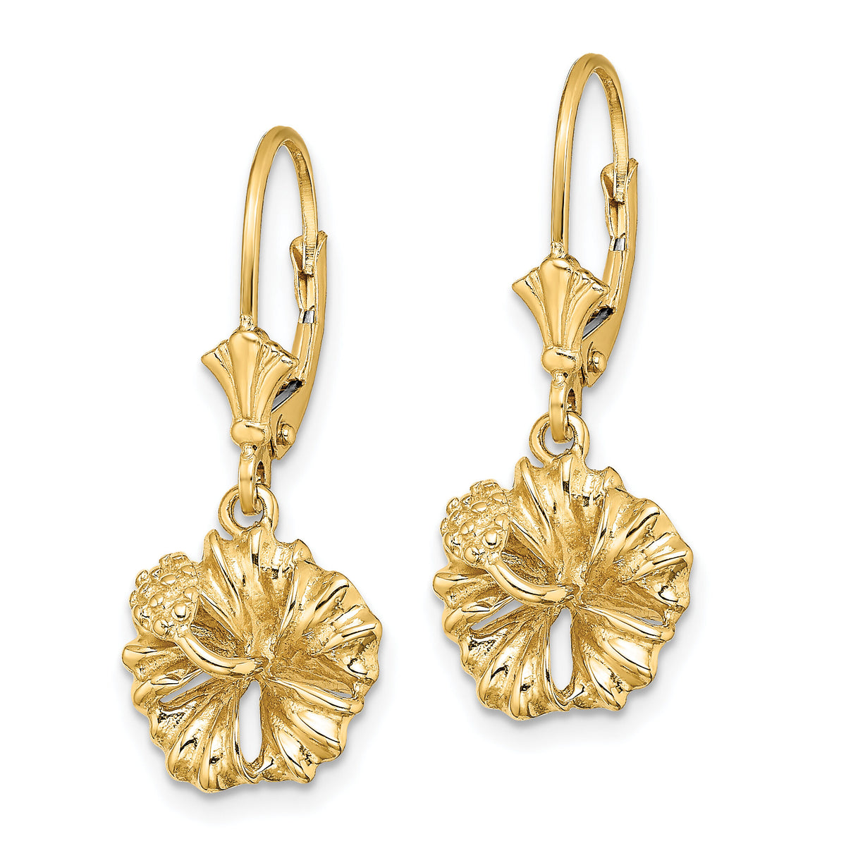 14K 2-D Textured Hibiscus Flower Leverback Earrings-TF1793