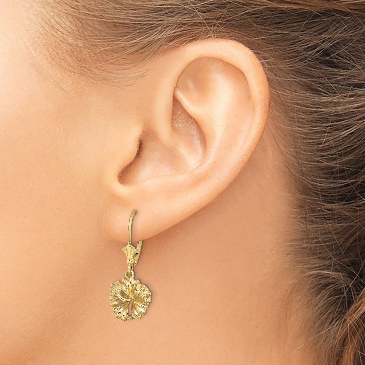 14K 2-D Textured Hibiscus Flower Leverback Earrings-TF1793