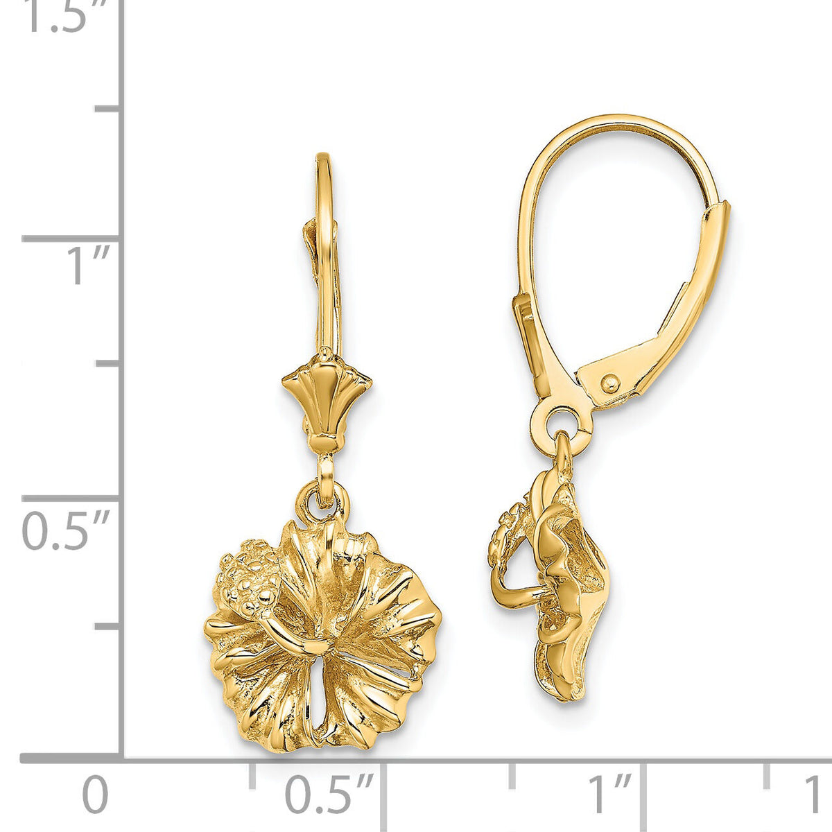 14K 2-D Textured Hibiscus Flower Leverback Earrings-TF1793