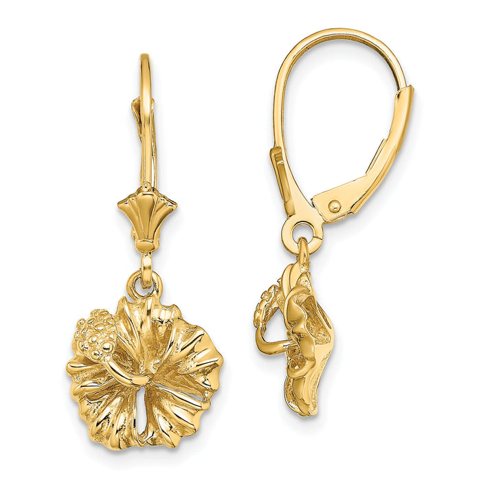 14K 2-D Textured Hibiscus Flower Leverback Earrings-TF1793