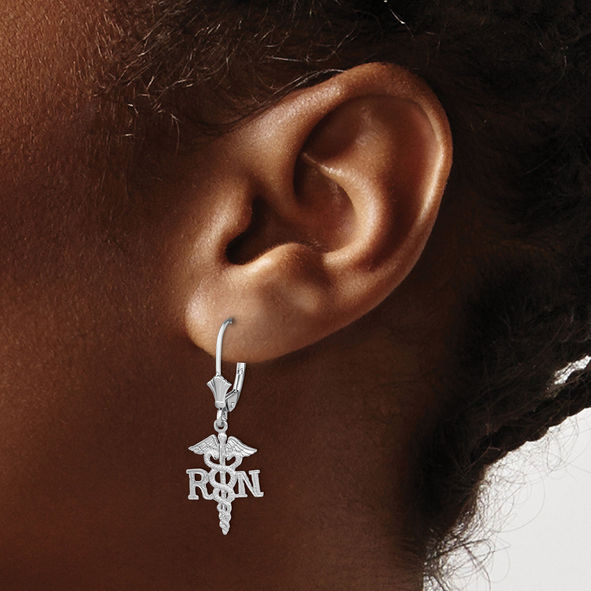 14K White Gold RN Caduceus Leverback Earrings-TF1801W