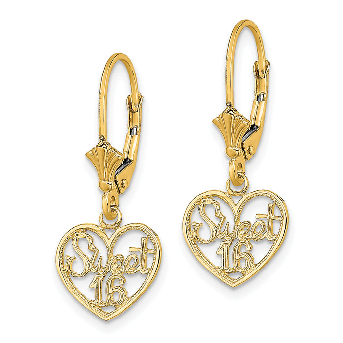 14K Polished SWEET 16 in Heart Dangle Leverback Earrings-TF1805