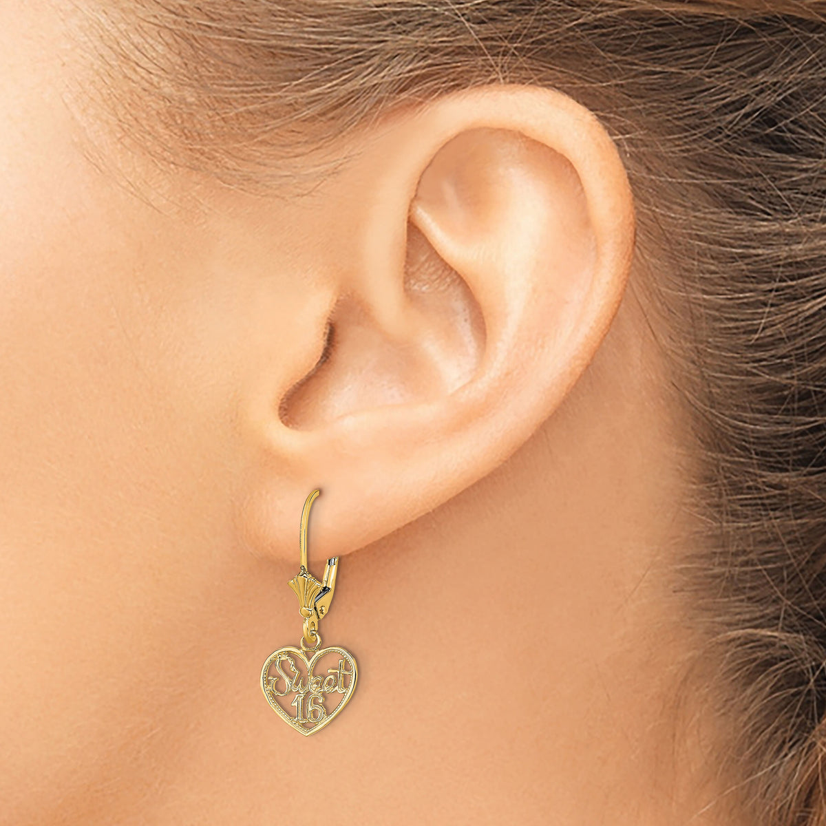 14K Polished SWEET 16 in Heart Dangle Leverback Earrings-TF1805