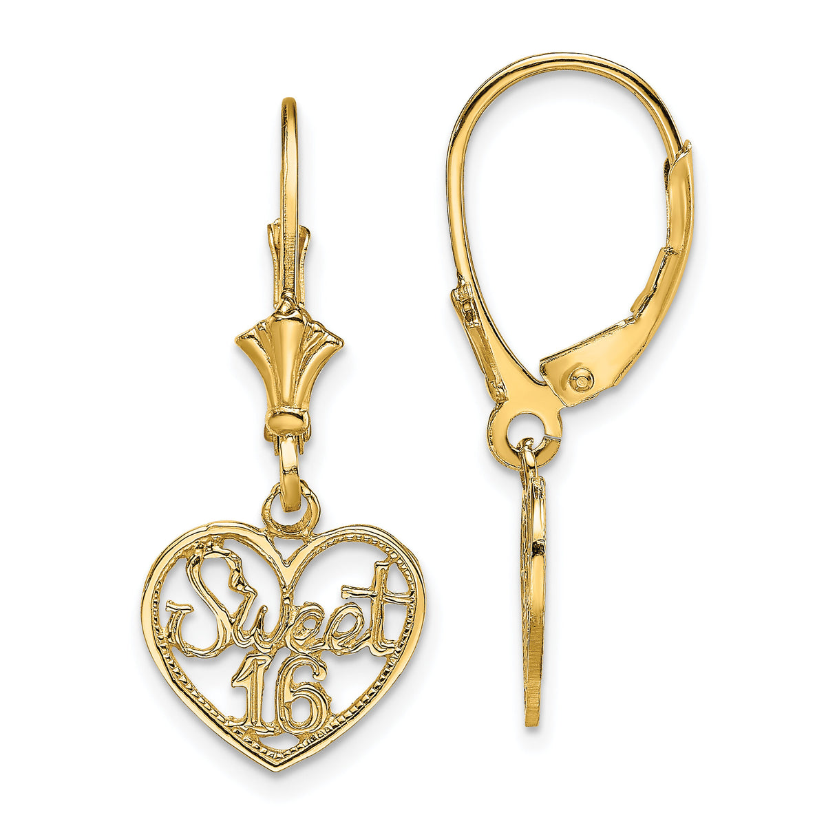 14K Polished SWEET 16 in Heart Dangle Leverback Earrings-TF1805