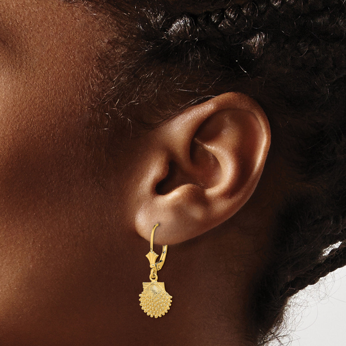 14K 2-D Beaded Scallop Shell Leverback Earrings-TF1813