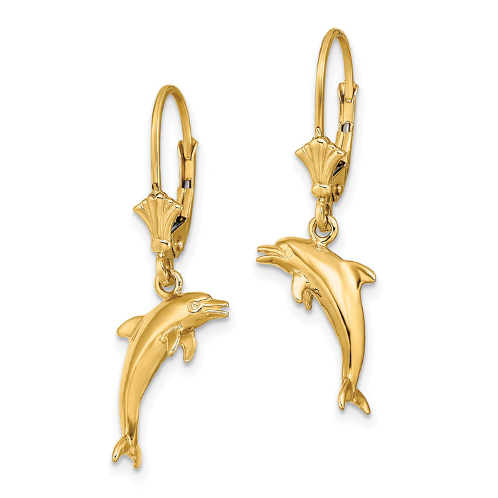 14K 3-D Dolphin Jumping Leverback Earrings-TF1818