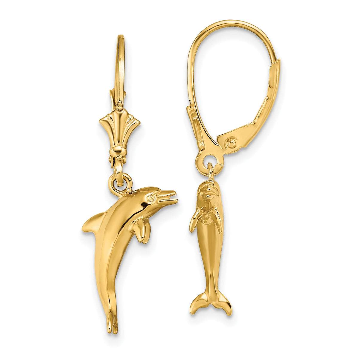 14K 3-D Dolphin Jumping Leverback Earrings-TF1818