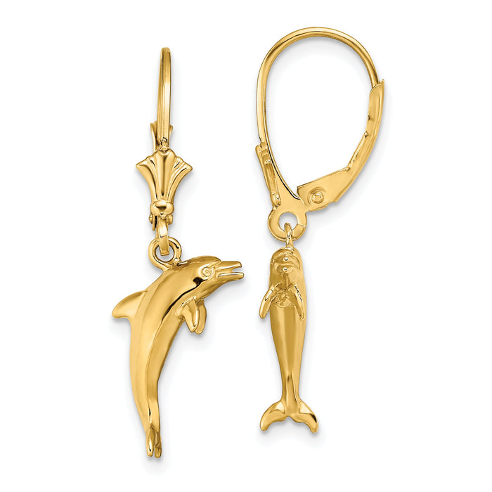 14K 3-D Dolphin Jumping Leverback Earrings-TF1818