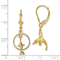 14K 3-D Dolphin Jumping Through Hoop Leverback Earrings-TF1827
