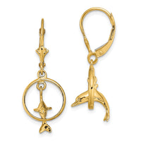 14K 3-D Dolphin Jumping Through Hoop Leverback Earrings-TF1827