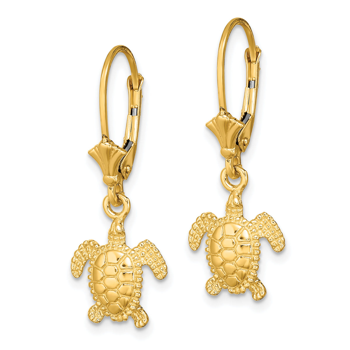 14K 3-D Polished Mini Sea Turtle Leverback Earrings-TF1829
