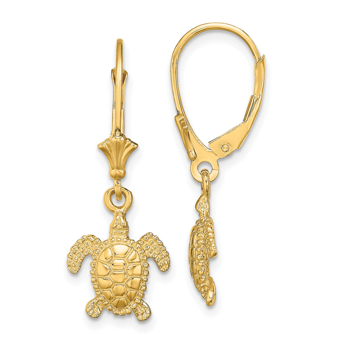 14K 3-D Polished Mini Sea Turtle Leverback Earrings-TF1829