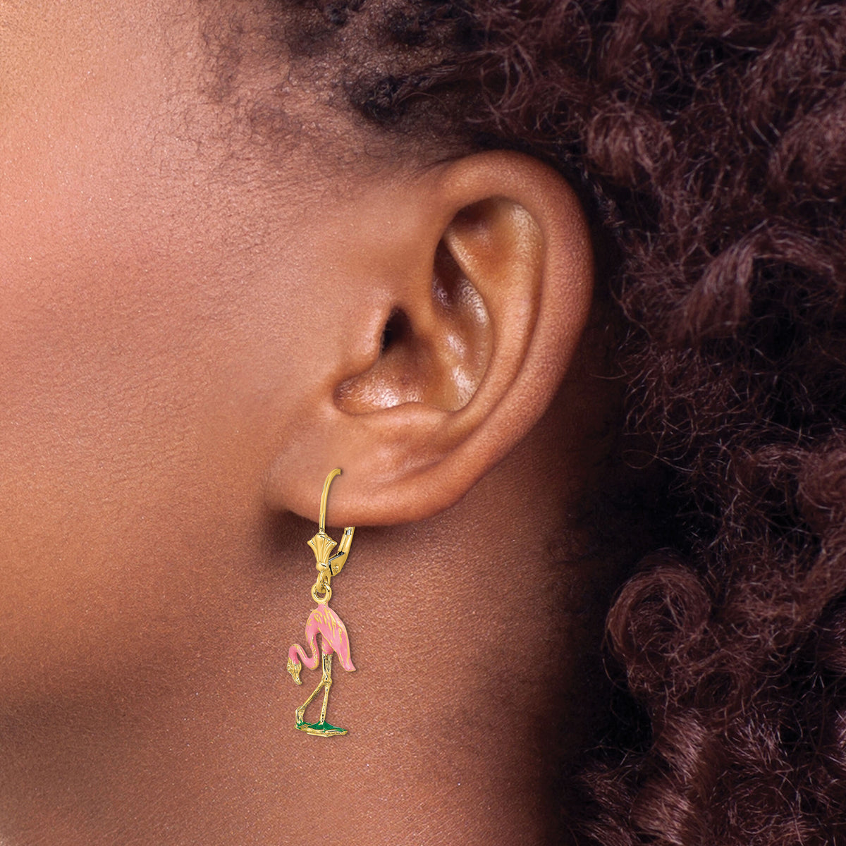 14K W/ Enamel 3-D Flamingo Leverback Earrings-TF1848