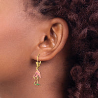 14K W/ Enamel 3-D Flamingo Leverback Earrings-TF1848