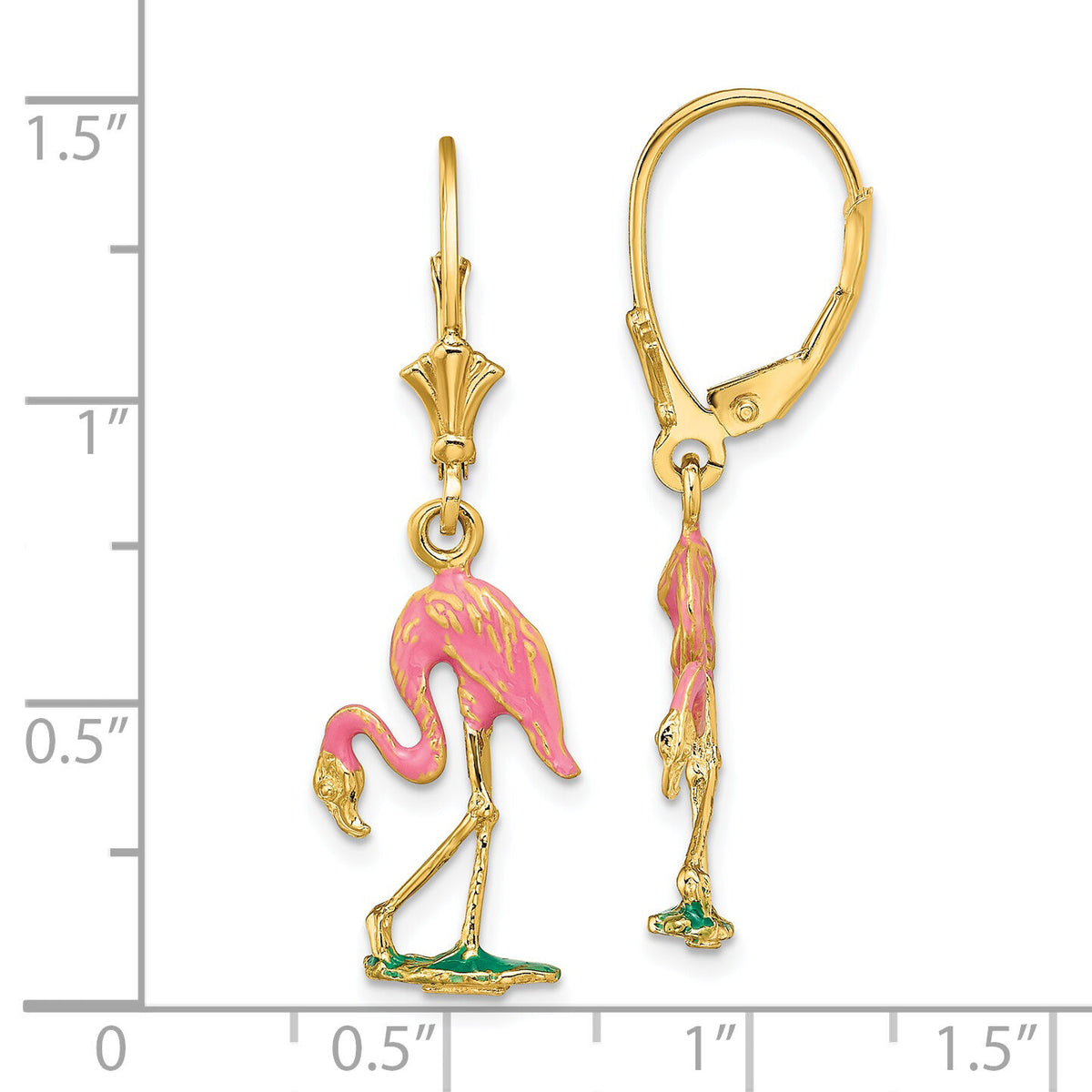 14K W/ Enamel 3-D Flamingo Leverback Earrings-TF1848