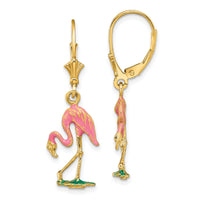 14K W/ Enamel 3-D Flamingo Leverback Earrings-TF1848