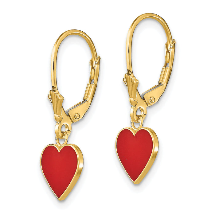 14K Polished Enameled Heart Dangle Leverback Earrings-TF1849