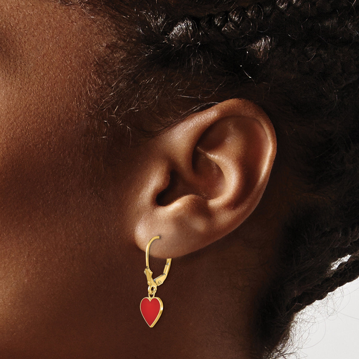 14K Polished Enameled Heart Dangle Leverback Earrings-TF1849