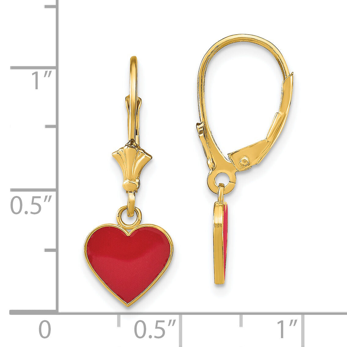 14K Polished Enameled Heart Dangle Leverback Earrings-TF1849