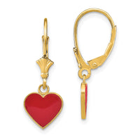 14K Polished Enameled Heart Dangle Leverback Earrings-TF1849