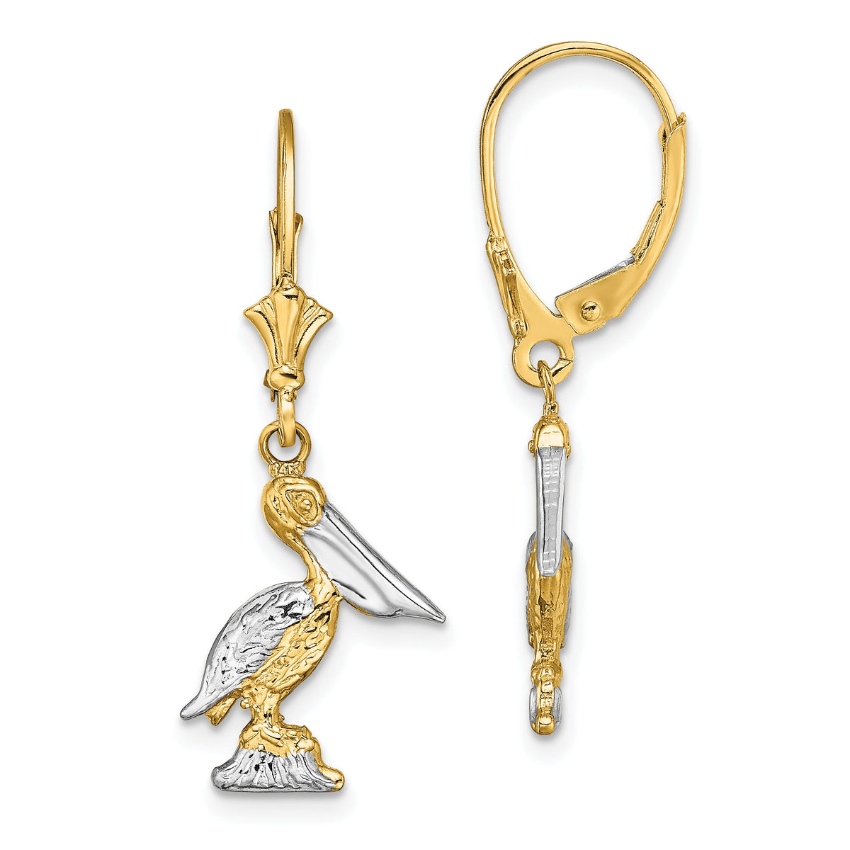 14K and Rhodium 3-D Pelican Standing W/ Leverback Earrings-TF1852