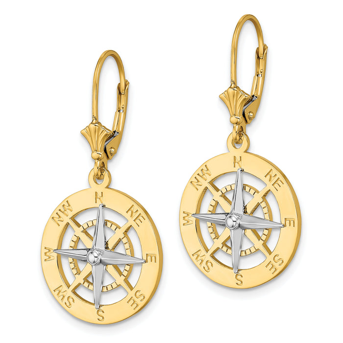 14K W/ Rhodium Nautical Compass Leverback Earrings-TF1857