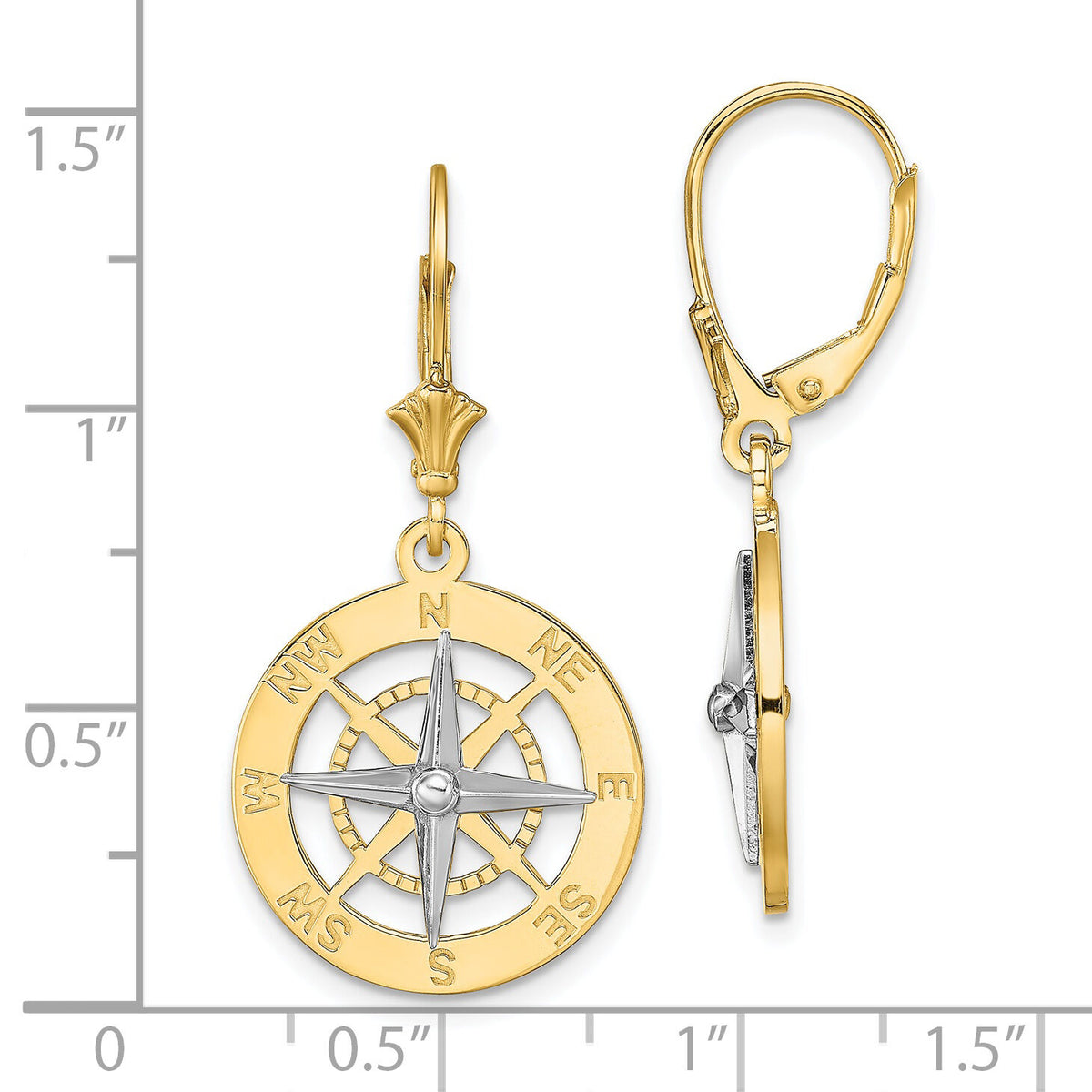 14K W/ Rhodium Nautical Compass Leverback Earrings-TF1857