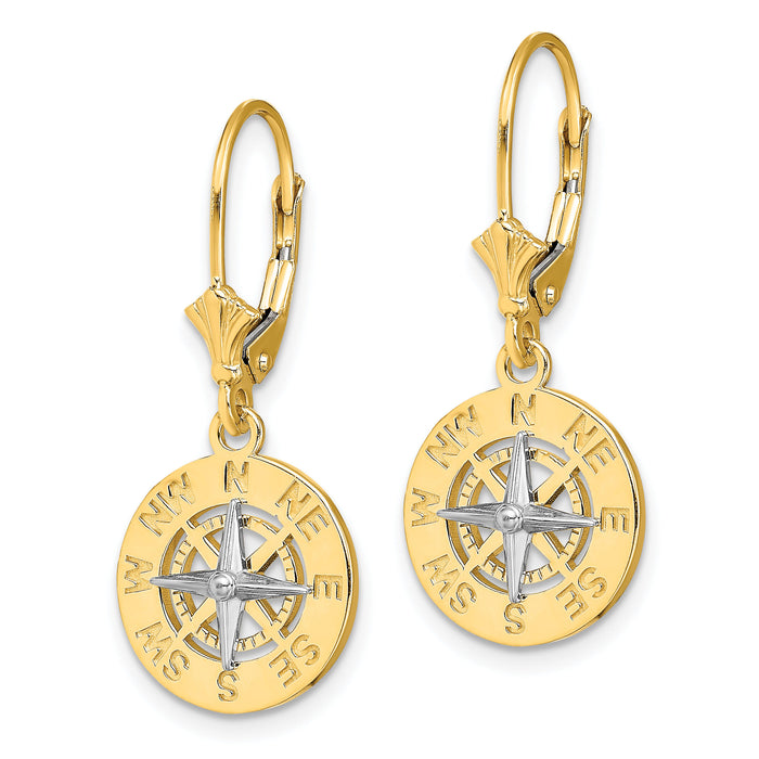 14K W/ Rhodium Mini Nautical Compass Leveback Earrings-TF1859