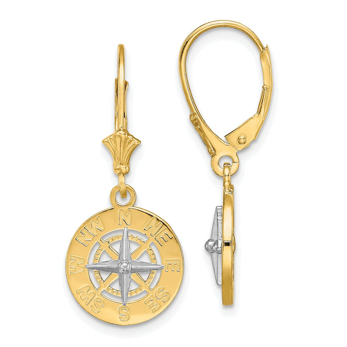 14K W/ Rhodium Mini Nautical Compass Leveback Earrings-TF1859