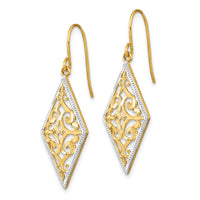 14K w/Rhodium Diamond Shape Filigree Dangle Earrings-TF1861