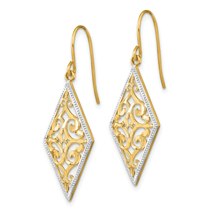 14K w/Rhodium Diamond Shape Filigree Dangle Earrings-TF1861
