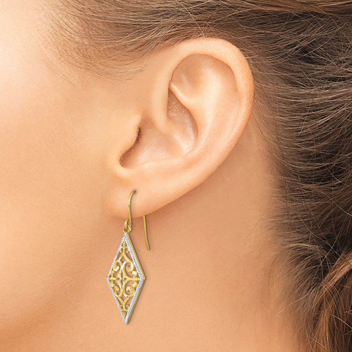 14K w/Rhodium Diamond Shape Filigree Dangle Earrings-TF1861