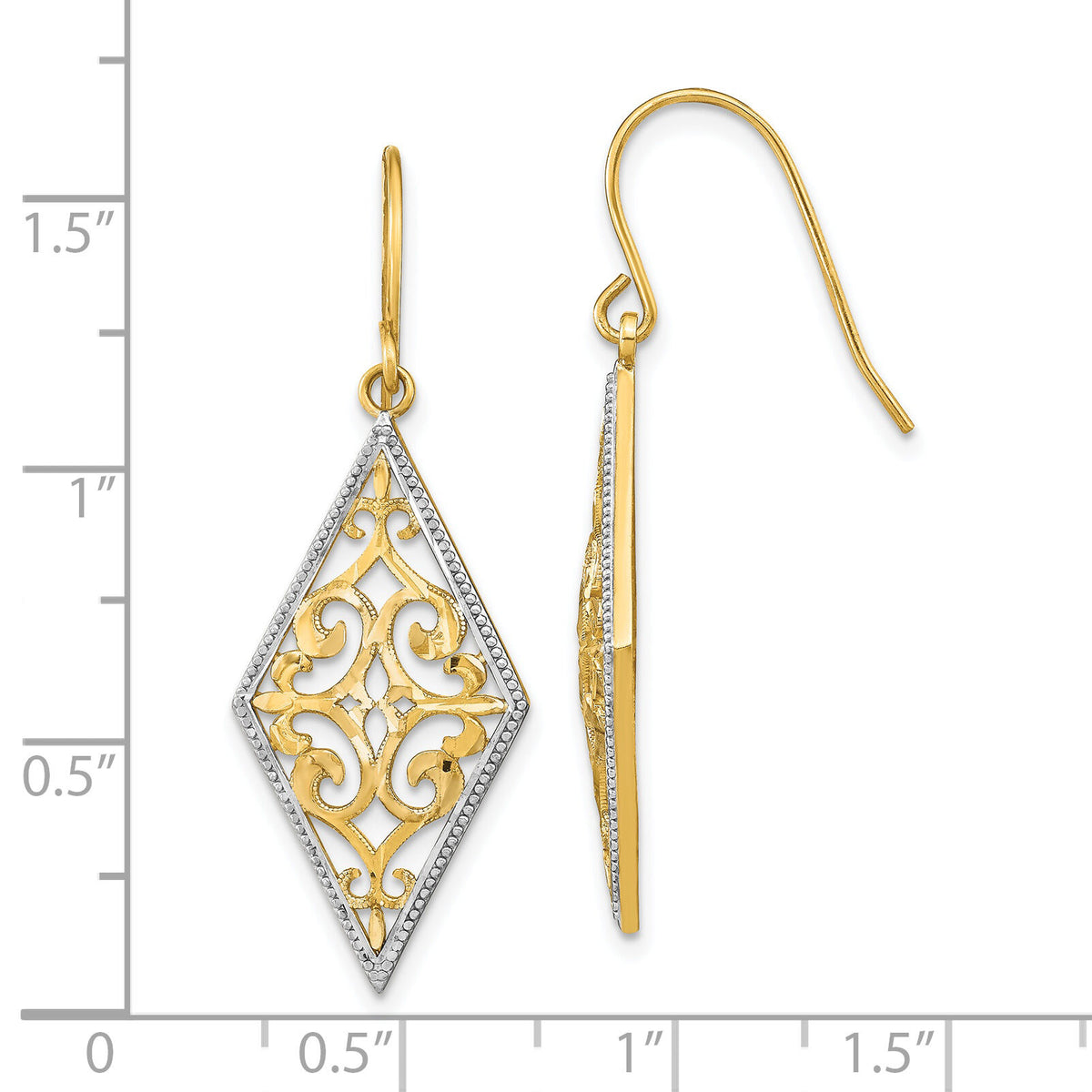 14K w/Rhodium Diamond Shape Filigree Dangle Earrings-TF1861
