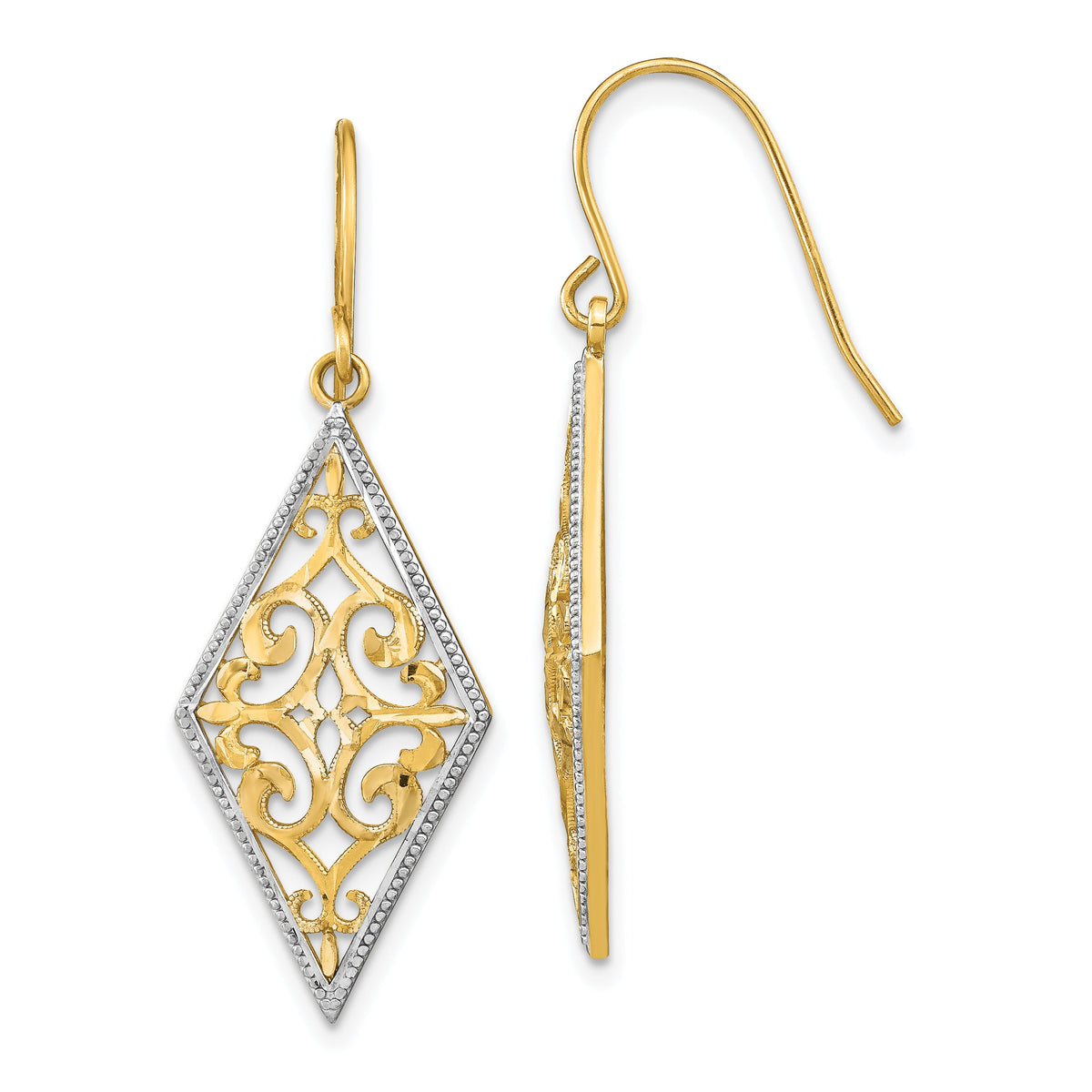 14K w/Rhodium Diamond Shape Filigree Dangle Earrings-TF1861