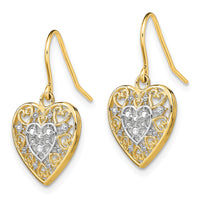 14K w/Rhodium Polished Filigree Hearts Shepherd Hook Earrings-TF1866