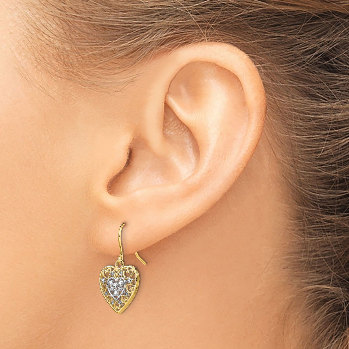14K w/Rhodium Polished Filigree Hearts Shepherd Hook Earrings-TF1866