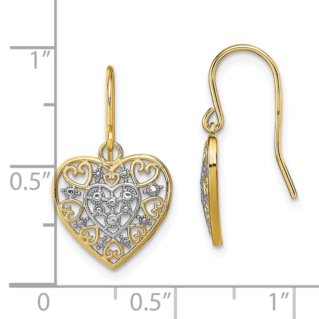 14K w/Rhodium Polished Filigree Hearts Shepherd Hook Earrings-TF1866