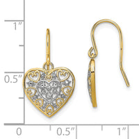 14K w/Rhodium Polished Filigree Hearts Shepherd Hook Earrings-TF1866