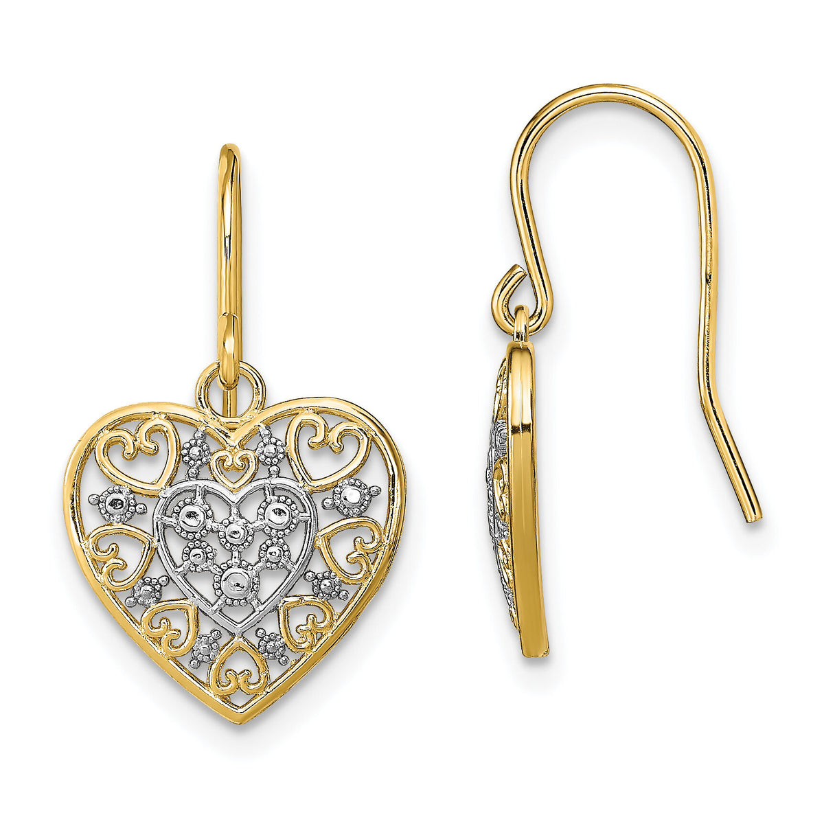 14K w/Rhodium Polished Filigree Hearts Shepherd Hook Earrings-TF1866