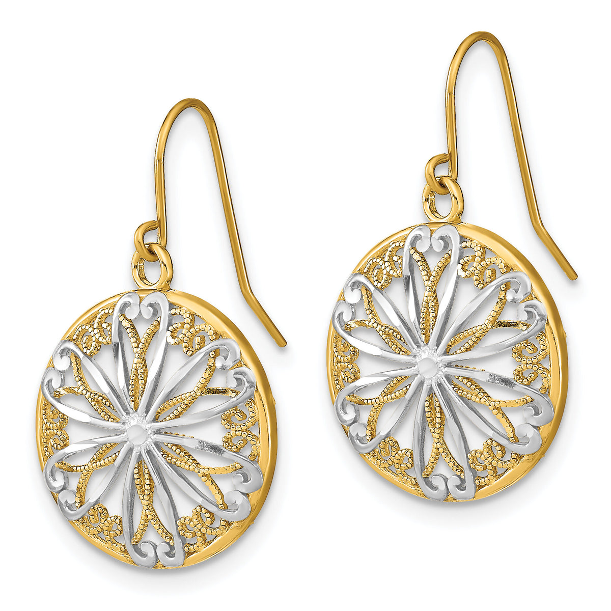 14K w/Rhodium Filigree Medallion Dangle Earrings-TF1878