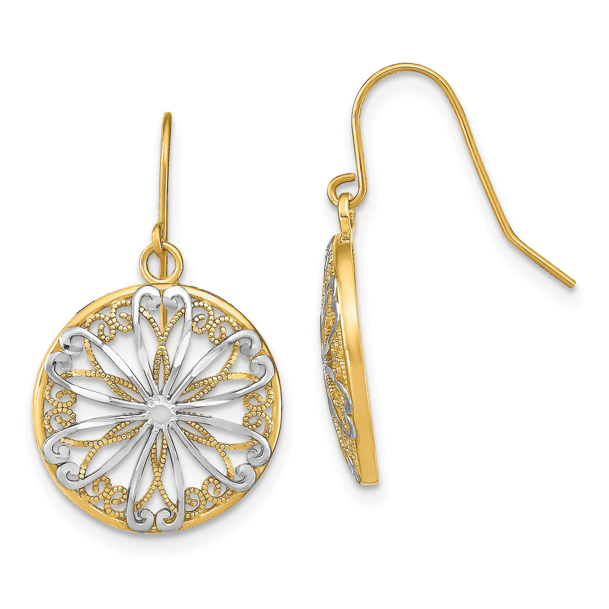 14K w/Rhodium Filigree Medallion Dangle Earrings-TF1878