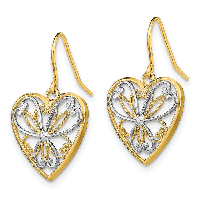 14K w/Rhodium Polished Filigree Heart Shepherd Hook Earrings-TF1879