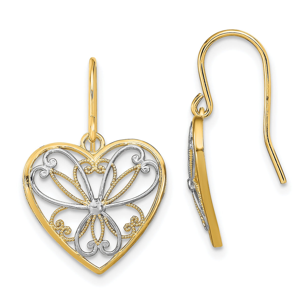14K w/Rhodium Polished Filigree Heart Shepherd Hook Earrings-TF1879
