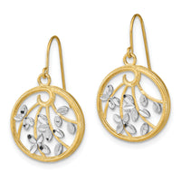 14K w/Rhodium D/C Leaves Round Dangle Earrings-TF1880